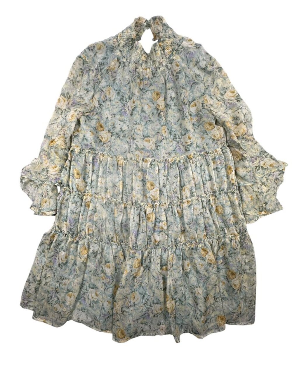 Storia Floral Tiered Long-Sleeve Midi Dress Ruffled Neckline Sheer Overlay Small - Picture 2 of 7
